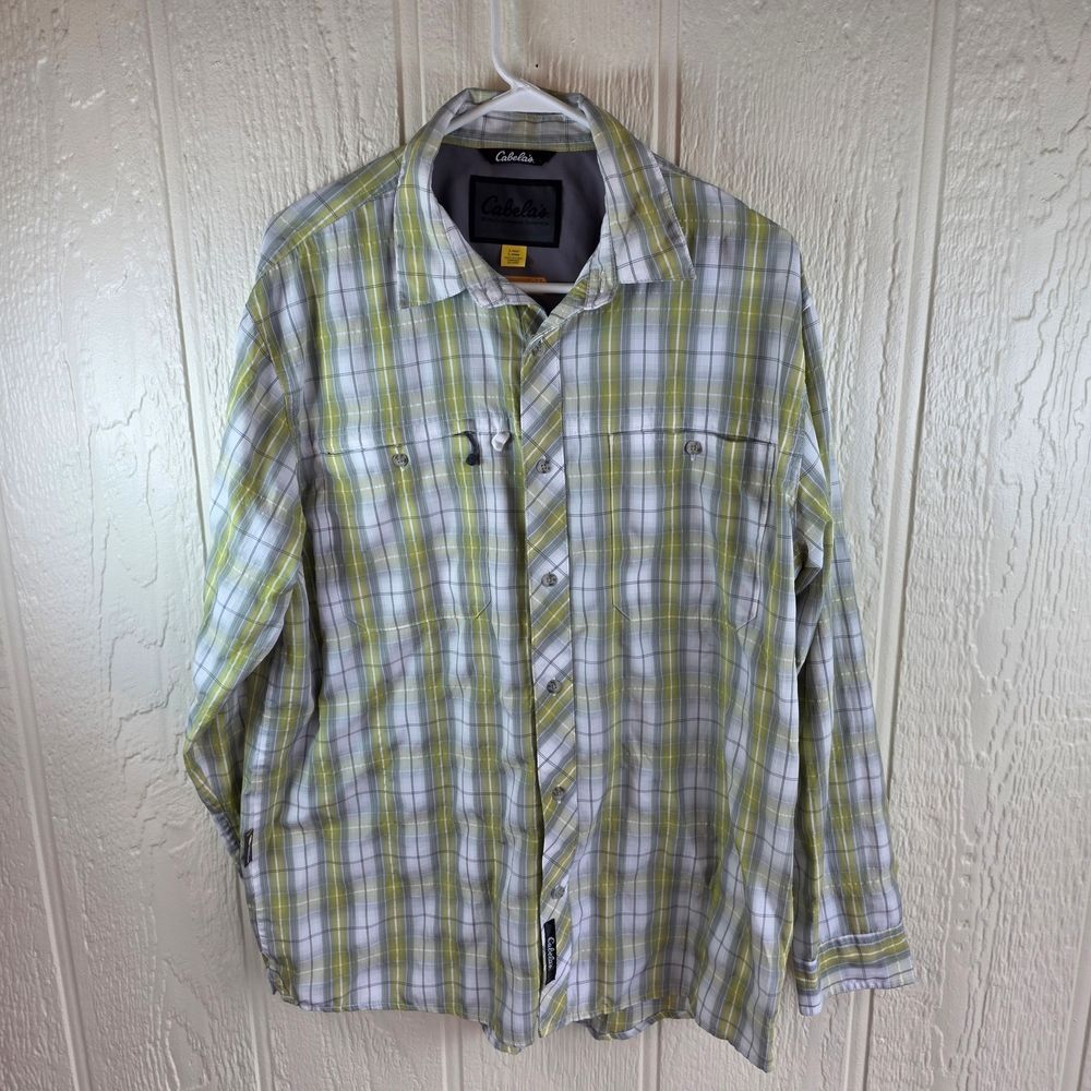 Cabela's Men's Casual Button Down Shirt - Green and White Plaid, Size Large
